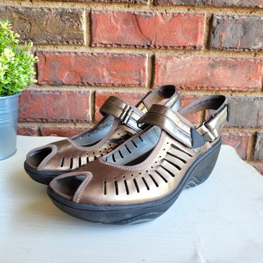Clark's Privo Metallic Leather Peep Toe Slingback Wedge Heel Sandals Shoes